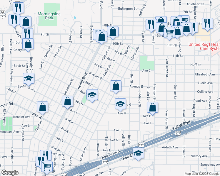 map of restaurants, bars, coffee shops, grocery stores, and more near 1513 Polk Street in Wichita Falls