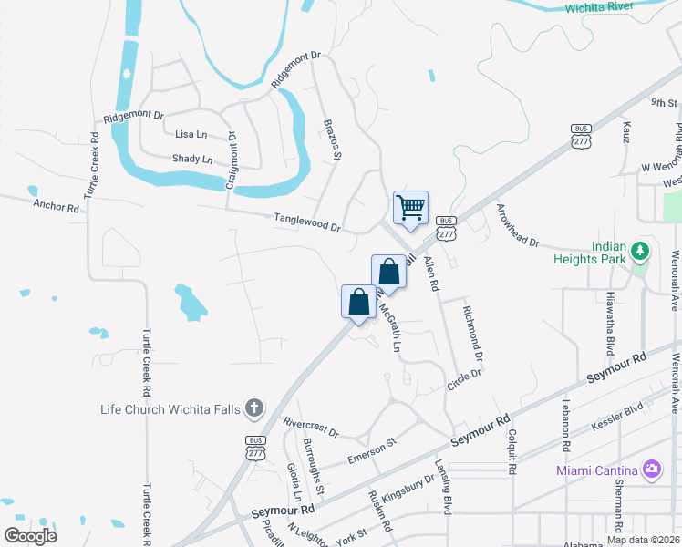 map of restaurants, bars, coffee shops, grocery stores, and more near 4218 Canyon Trails Drive in Wichita Falls
