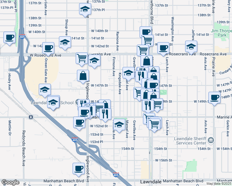 map of restaurants, bars, coffee shops, grocery stores, and more near 14814 Firmona Avenue in Lawndale