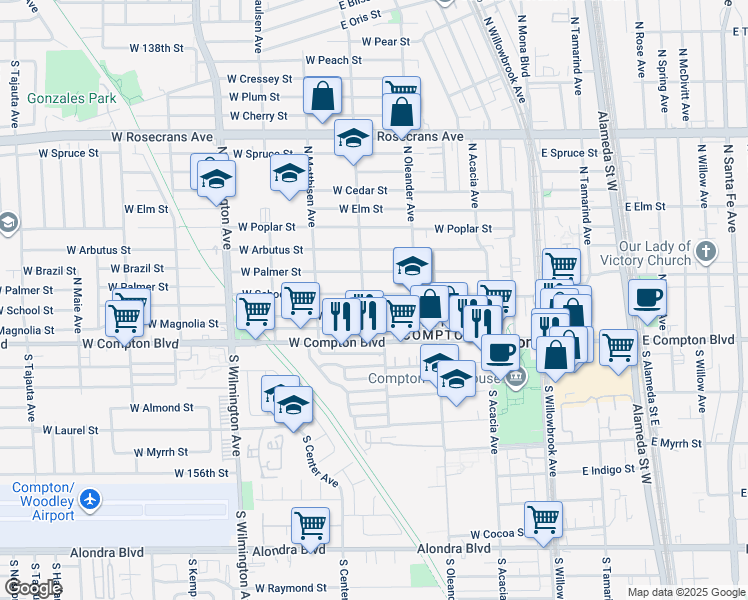 map of restaurants, bars, coffee shops, grocery stores, and more near 462 West School Street in Compton