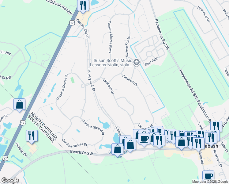 map of restaurants, bars, coffee shops, grocery stores, and more near 16-18 Calabash Drive in Carolina Shores