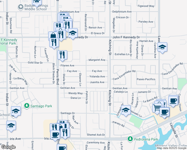 map of restaurants, bars, coffee shops, grocery stores, and more near 25352 Yolanda Avenue in Moreno Valley