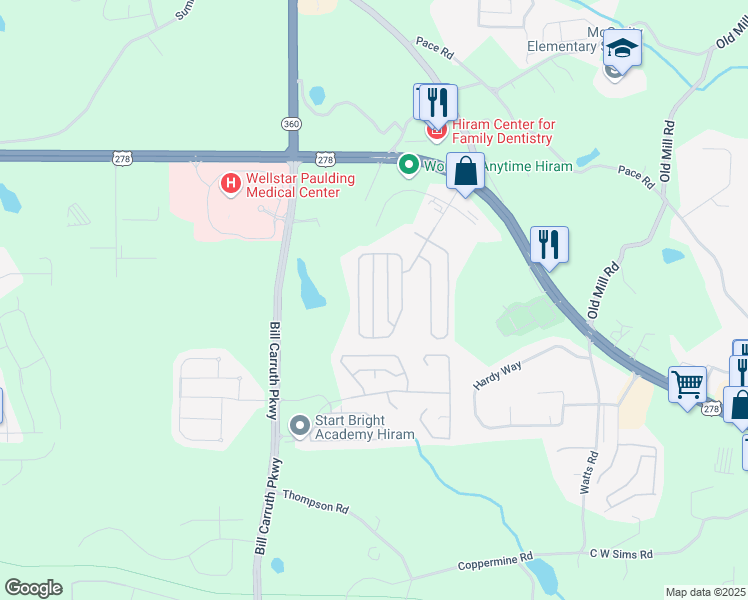 map of restaurants, bars, coffee shops, grocery stores, and more near High Point Way in Hiram
