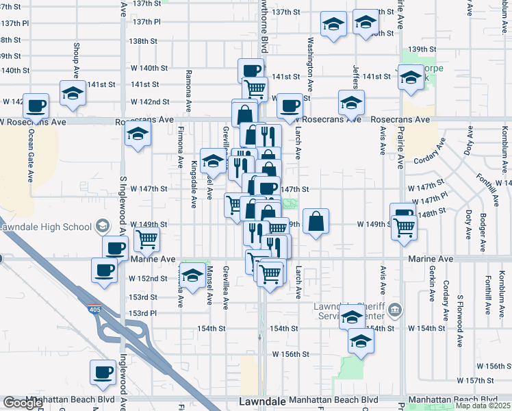 map of restaurants, bars, coffee shops, grocery stores, and more near 14809 Hawthorne Boulevard in Lawndale