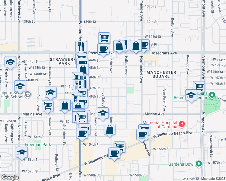 map of restaurants, bars, coffee shops, grocery stores, and more near 14708 Denker Avenue in Gardena