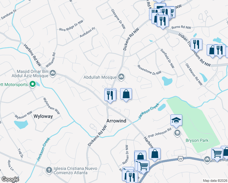 map of restaurants, bars, coffee shops, grocery stores, and more near 735 Durham Ridge Drive Northwest in Lilburn