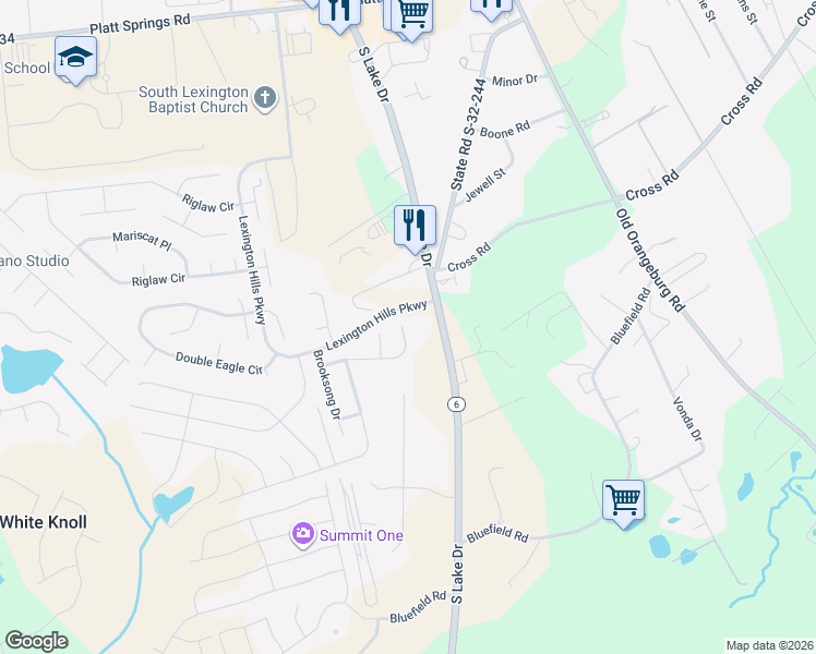 map of restaurants, bars, coffee shops, grocery stores, and more near 182 Youpon Drive in Lexington
