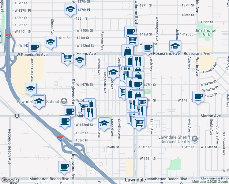 map of restaurants, bars, coffee shops, grocery stores, and more near 14728 Mansel Avenue in Lawndale