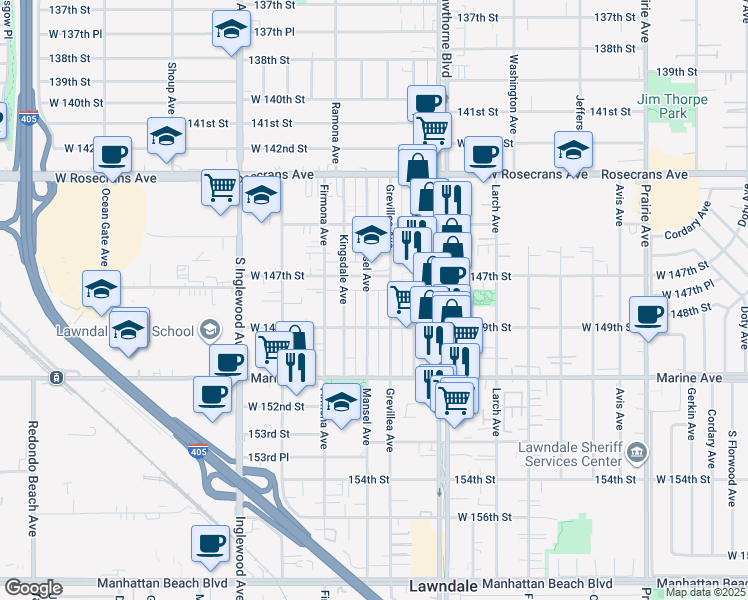map of restaurants, bars, coffee shops, grocery stores, and more near 14728 Mansel Avenue in Lawndale