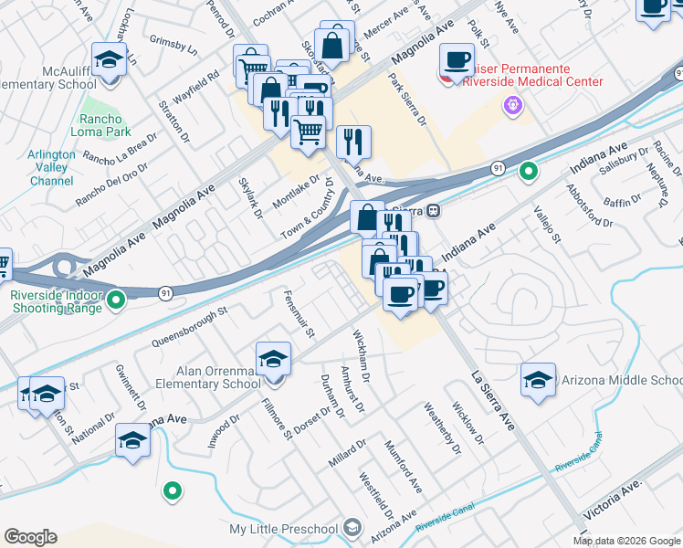 map of restaurants, bars, coffee shops, grocery stores, and more near 11215 Indiana Avenue in Riverside