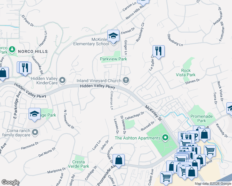 map of restaurants, bars, coffee shops, grocery stores, and more near 933 Cimarron Lane in Corona