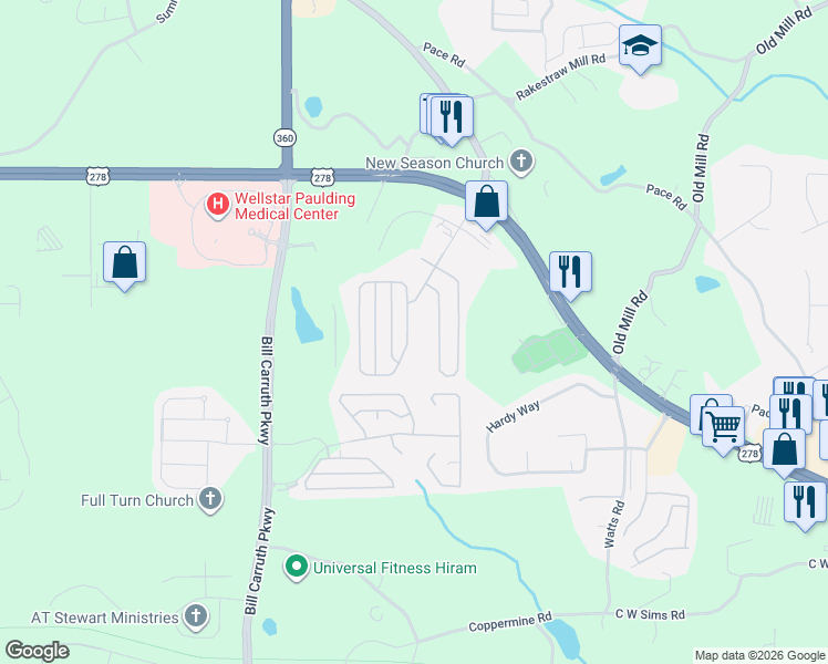map of restaurants, bars, coffee shops, grocery stores, and more near 512 Hillcrest Circle in Hiram
