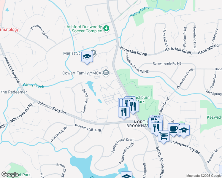 map of restaurants, bars, coffee shops, grocery stores, and more near 3645 Ashford Creek Place Northeast in Atlanta