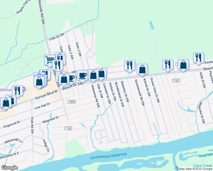 map of restaurants, bars, coffee shops, grocery stores, and more near 1719 Camelot Drive Southwest in Ocean Isle Beach