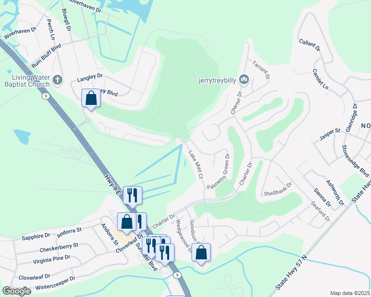 map of restaurants, bars, coffee shops, grocery stores, and more near 345 Lake Mist Court in Longs