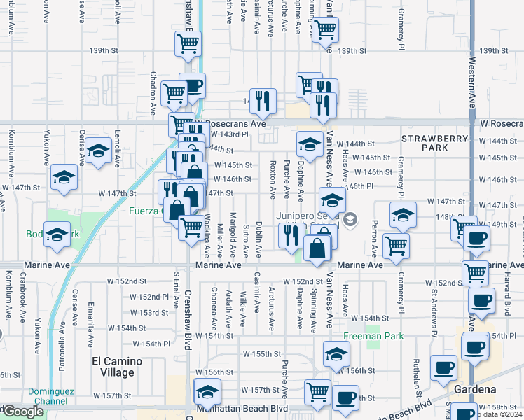 map of restaurants, bars, coffee shops, grocery stores, and more near 14782 Dublin Avenue in Gardena