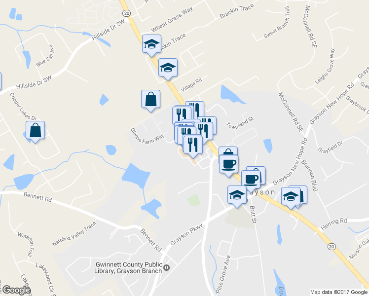 map of restaurants, bars, coffee shops, grocery stores, and more near 1911 Grayson Highway in Grayson