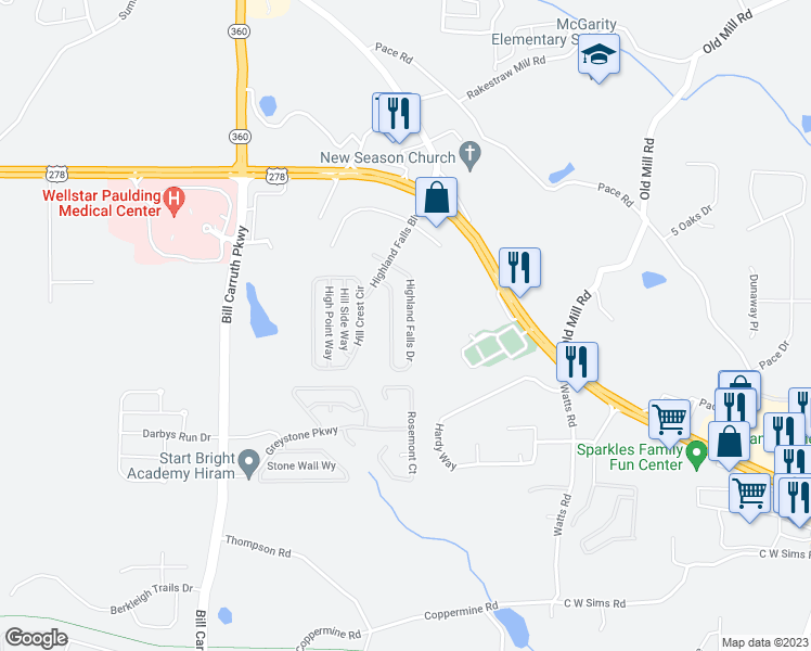 map of restaurants, bars, coffee shops, grocery stores, and more near 180 Highland Falls Drive in Hiram