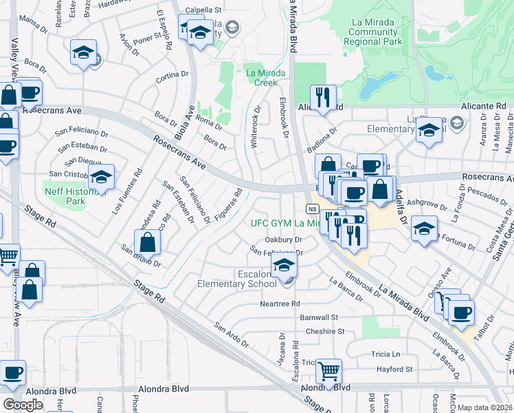 map of restaurants, bars, coffee shops, grocery stores, and more near 14802 Springford Drive in La Mirada