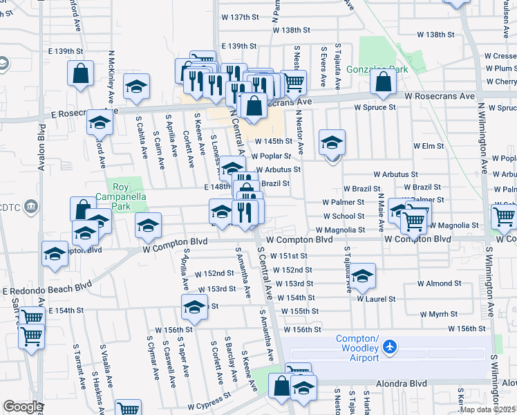 map of restaurants, bars, coffee shops, grocery stores, and more near in Compton
