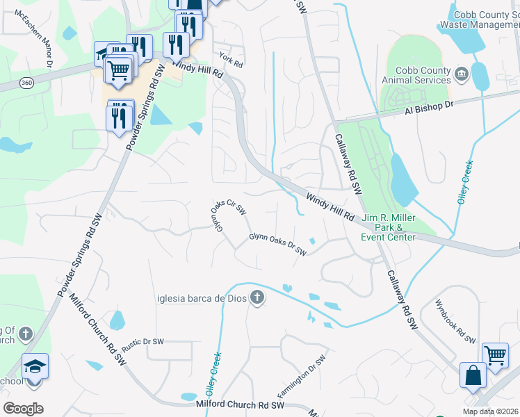 map of restaurants, bars, coffee shops, grocery stores, and more near 1471 Glynn Oaks Circle Southwest in Marietta