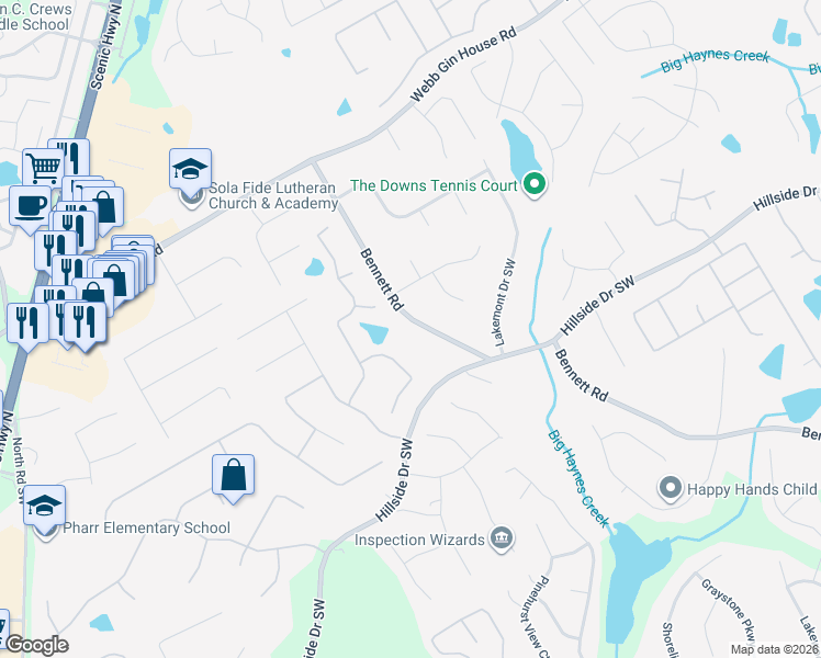 map of restaurants, bars, coffee shops, grocery stores, and more near 1527 Bennett Road in Grayson