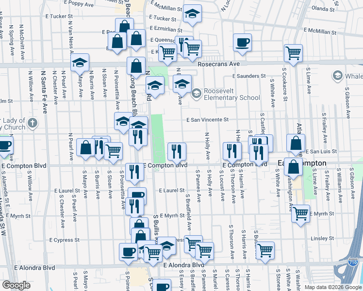 map of restaurants, bars, coffee shops, grocery stores, and more near 1714 East San Marcus Street in Compton