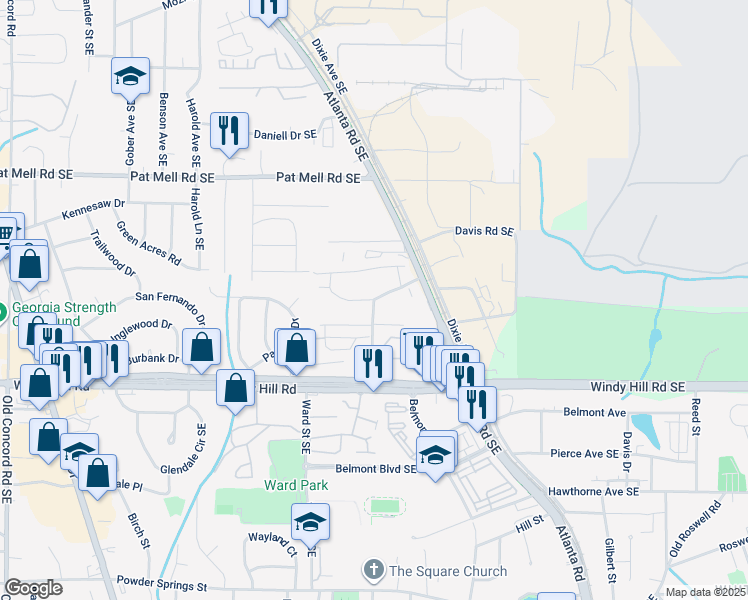 map of restaurants, bars, coffee shops, grocery stores, and more near Belmont Cir SE & Woodland Trail SE in Smyrna