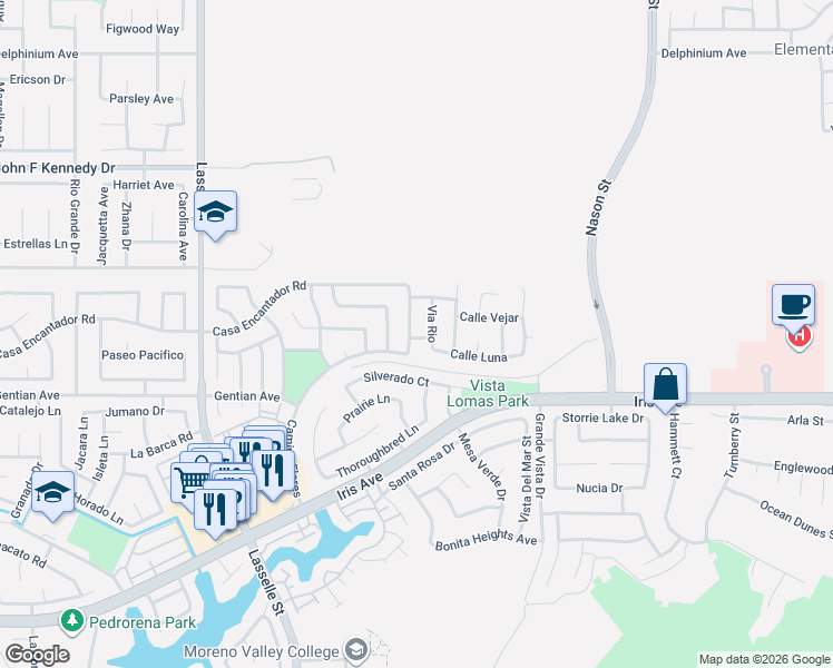 map of restaurants, bars, coffee shops, grocery stores, and more near 15403 Avenida De Portugal in Moreno Valley