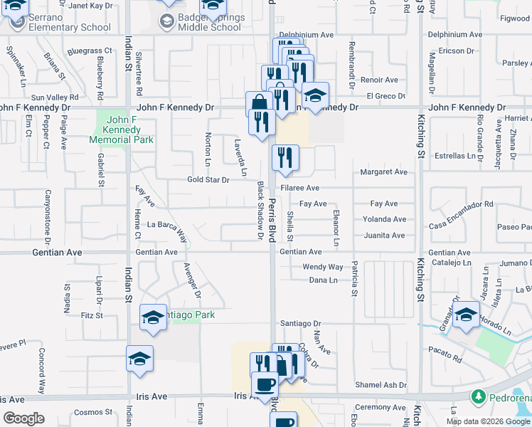 map of restaurants, bars, coffee shops, grocery stores, and more near 15402 Black Shadow Drive in Moreno Valley