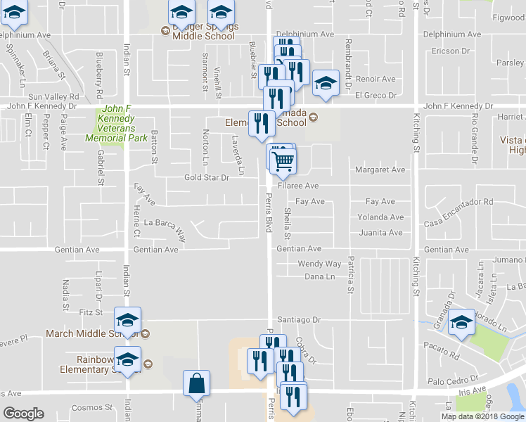 map of restaurants, bars, coffee shops, grocery stores, and more near 15402 Black Shadow Drive in Moreno Valley