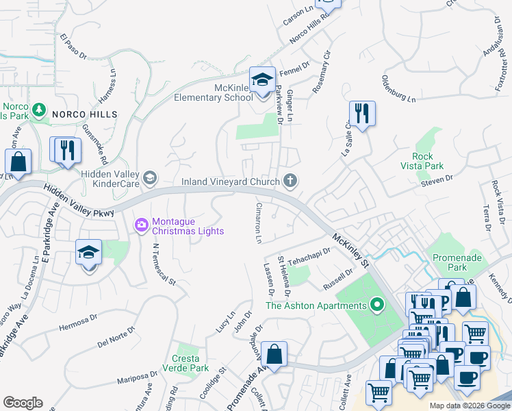 map of restaurants, bars, coffee shops, grocery stores, and more near 933 Cimarron Lane in Corona