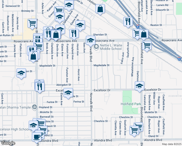 map of restaurants, bars, coffee shops, grocery stores, and more near 14728 Norwalk Boulevard in Norwalk