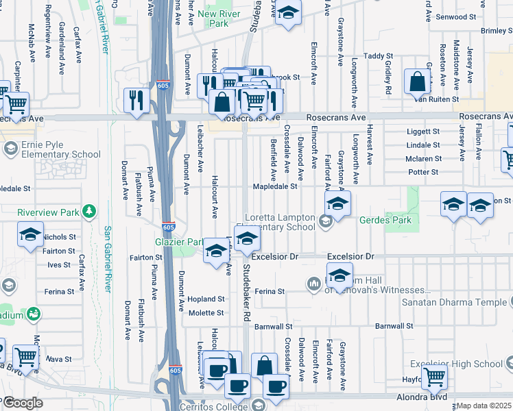map of restaurants, bars, coffee shops, grocery stores, and more near 14703 Allingham Avenue in Norwalk