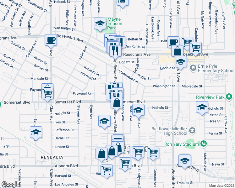 map of restaurants, bars, coffee shops, grocery stores, and more near 14762 Bellflower Boulevard in Bellflower