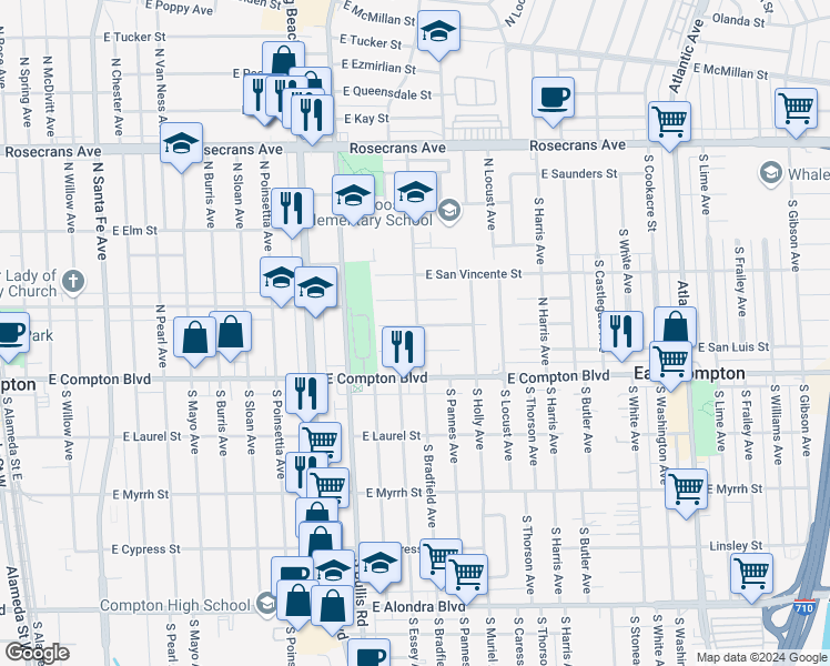 map of restaurants, bars, coffee shops, grocery stores, and more near 1707 East San Luis Street in Compton