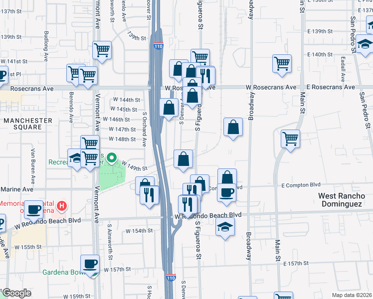 map of restaurants, bars, coffee shops, grocery stores, and more near 524 West 149th Street in Gardena