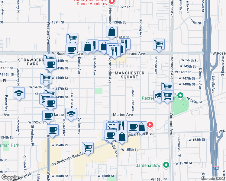 map of restaurants, bars, coffee shops, grocery stores, and more near in Gardena