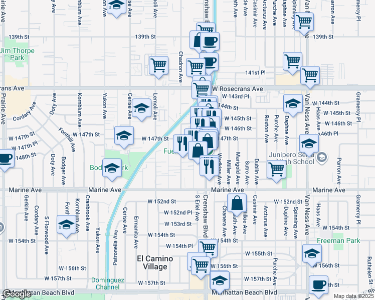 map of restaurants, bars, coffee shops, grocery stores, and more near 11848 Manor Dr in El Camino Village