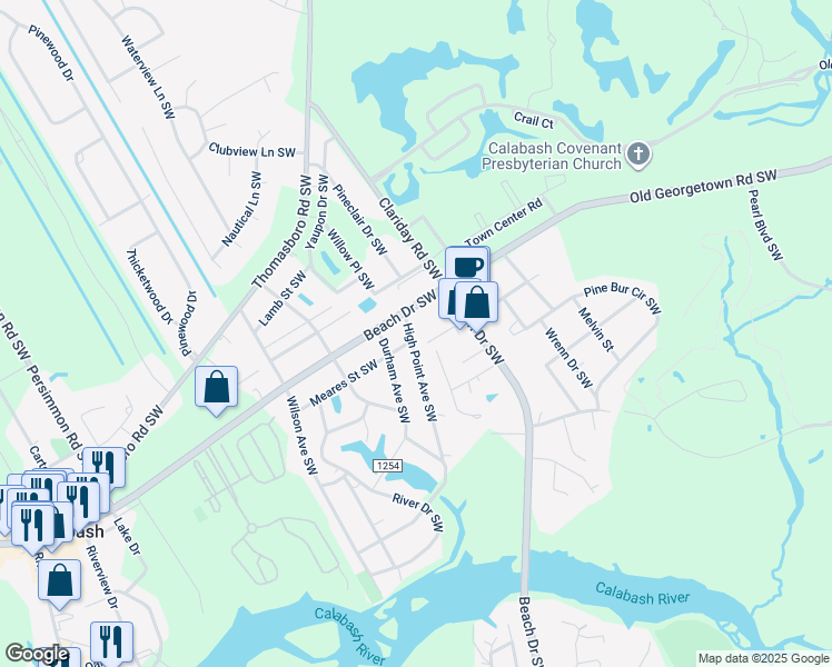 map of restaurants, bars, coffee shops, grocery stores, and more near 1007 High Point Avenue Southwest in Calabash