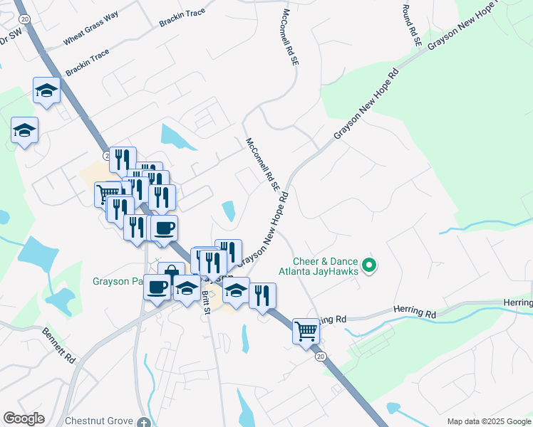 map of restaurants, bars, coffee shops, grocery stores, and more near 66 Grayson New Hope Road in Grayson