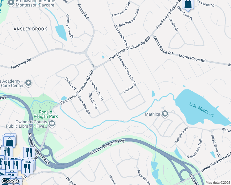 map of restaurants, bars, coffee shops, grocery stores, and more near 800 Forest Oak Drive Southwest in Lawrenceville