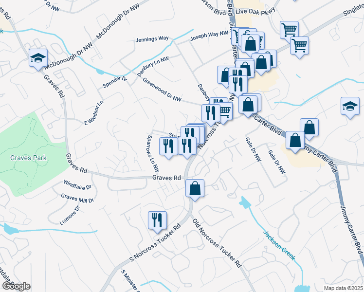map of restaurants, bars, coffee shops, grocery stores, and more near 6101 South Norcross Tucker Road in Norcross