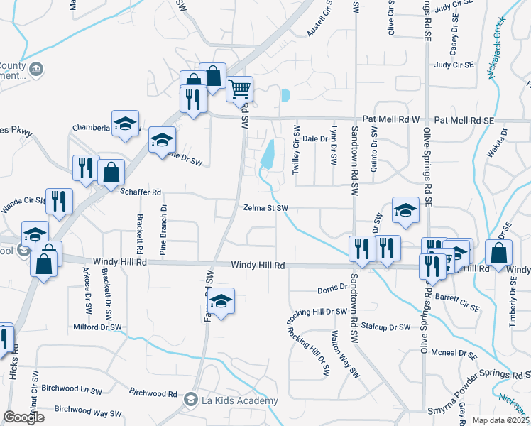 map of restaurants, bars, coffee shops, grocery stores, and more near 331 Zelma Street Southwest in Marietta
