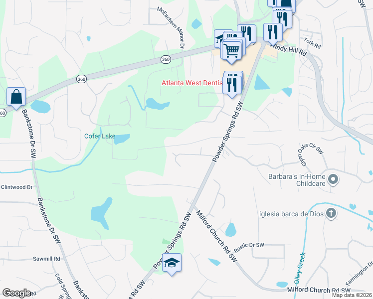 map of restaurants, bars, coffee shops, grocery stores, and more near 1970 Heritage Green Drive Southwest in Marietta