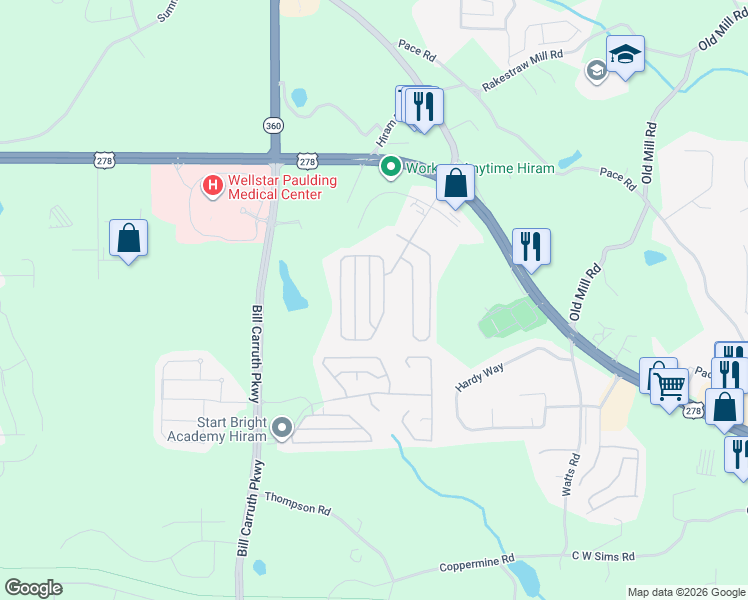 map of restaurants, bars, coffee shops, grocery stores, and more near 107 Hill Side Way in Hiram