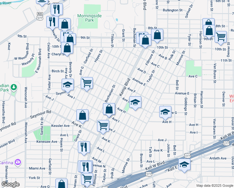 map of restaurants, bars, coffee shops, grocery stores, and more near 1701 Kemp Boulevard in Wichita Falls