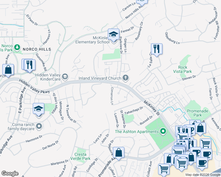 map of restaurants, bars, coffee shops, grocery stores, and more near 933 Cimarron Lane in Corona