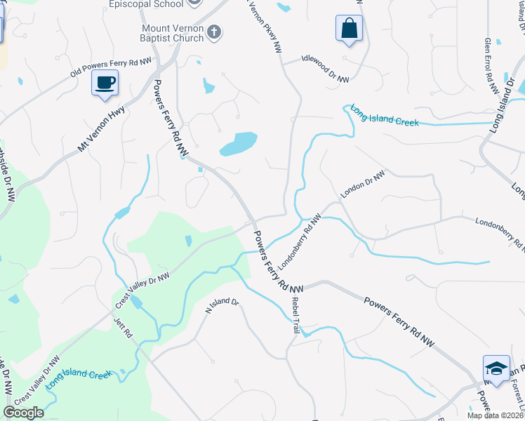 map of restaurants, bars, coffee shops, grocery stores, and more near 5201 Powers Ferry Road Northwest in Atlanta