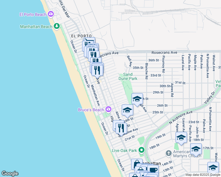 map of restaurants, bars, coffee shops, grocery stores, and more near 410 31st Street in Manhattan Beach